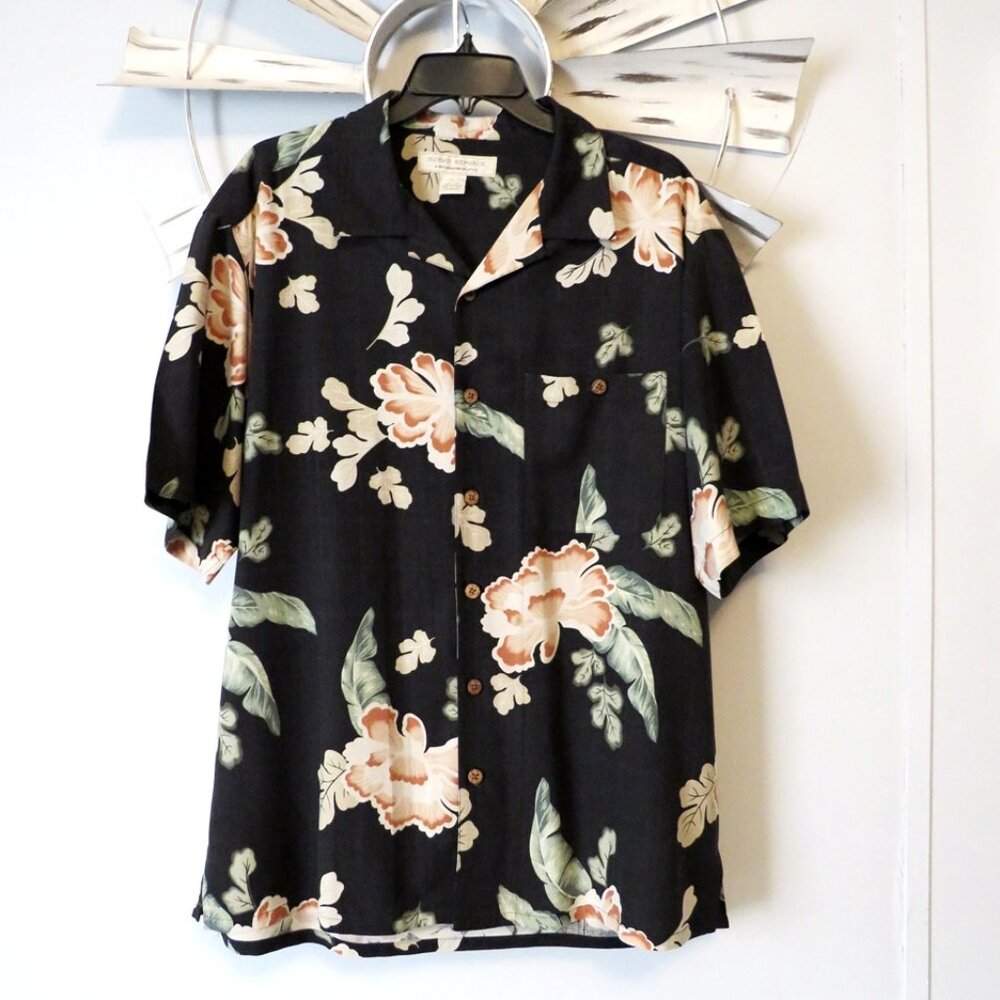 Island Republic 100% Silk Short Sleeve Button Down‎ Hawaiian Black Floral Large